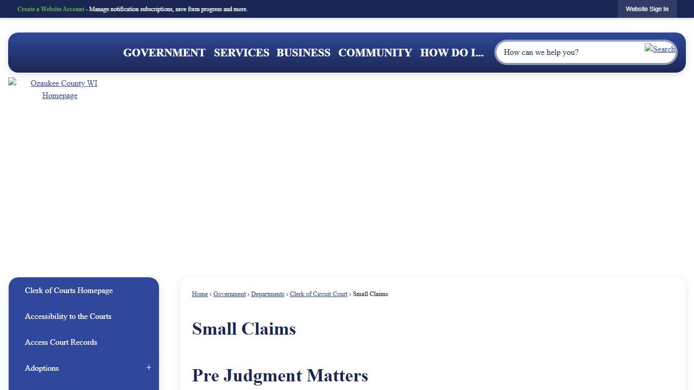 Small Claims | Ozaukee County, WI - Official Website