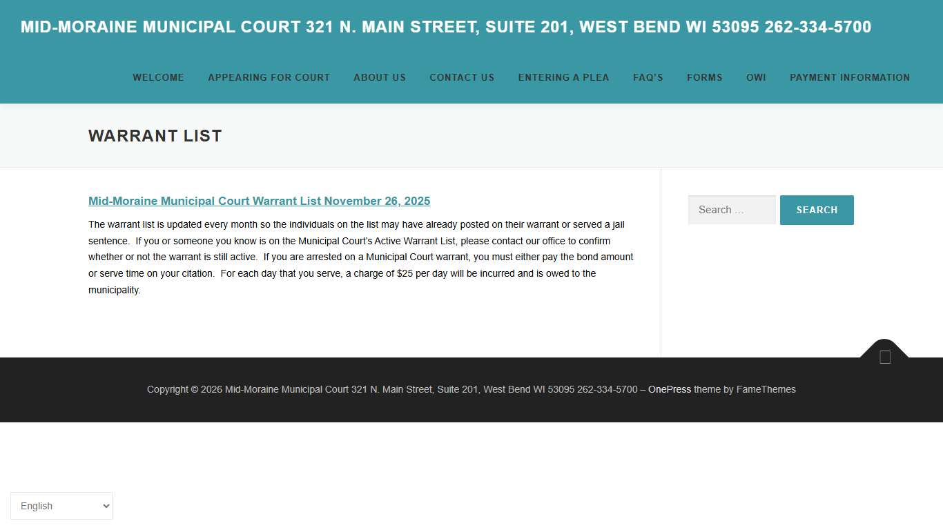 Warrant List – Mid-Moraine Municipal Court 321 N. Main Street, Suite 201, West Bend WI 53095 262-334-5700