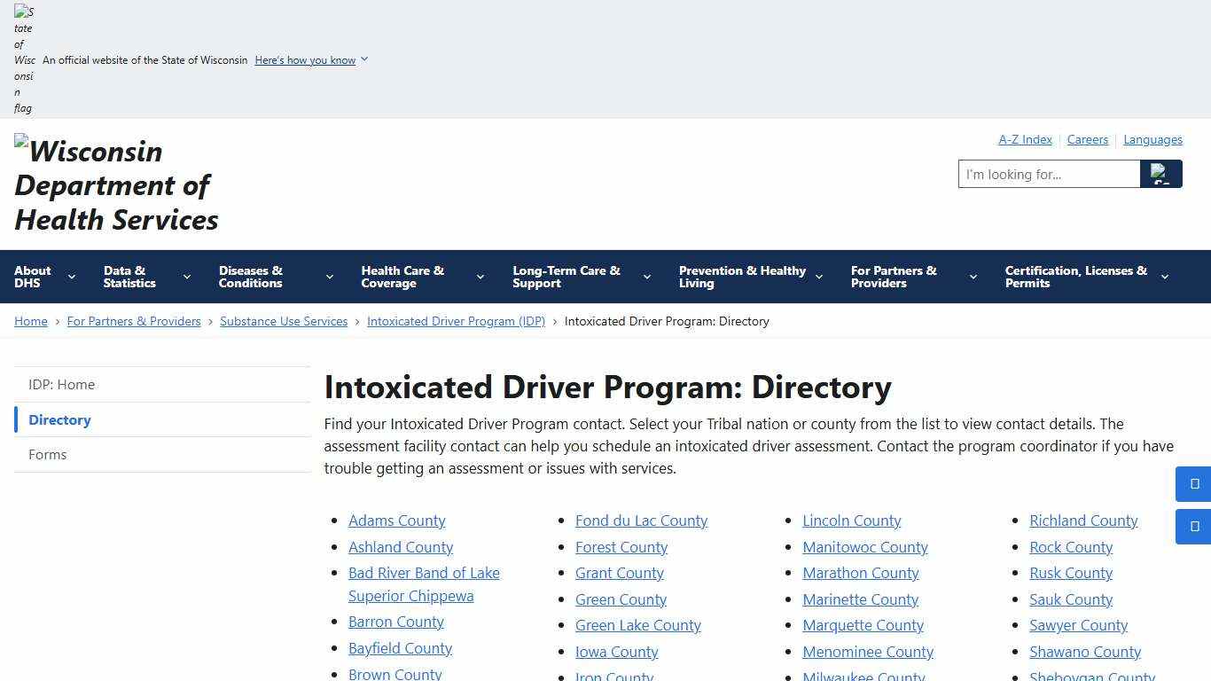 Intoxicated Driver Program: Directory | Wisconsin Department of Health Services